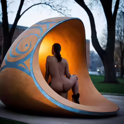 a naked woman sits on an arch outside