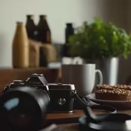 a camera on a table near other objects