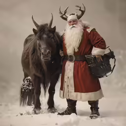 a man dressed in santa claus and a large animal