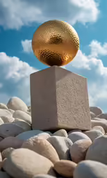 a yellow sphere sits on a block of rocks