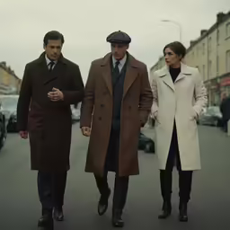 two men and one woman are walking down the street