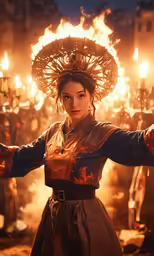 the fire eater is preparing to strike off the burning torches