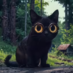 a black cat with orange and yellow eyes wearing goggles