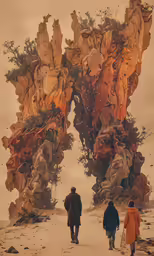 two people walking in front of a huge rock arch