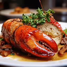 a dish with cooked lobster, chips and vegetables