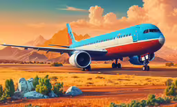 a large blue and red jet is on a runway,a large blue airplane is sitting on a runway