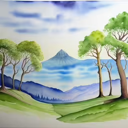 a painting of trees is painted on the wall,painting of forest scene with mountain in the background