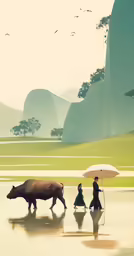 people walking down the road near cows in water