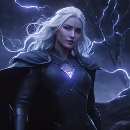 a woman in a cape with lightning lightning behind her