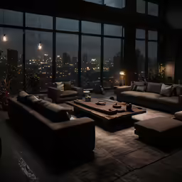 dark night time picture of living room with modern sofa and coffee table