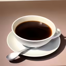 a bowl of liquid sits on a saucer with a spoon