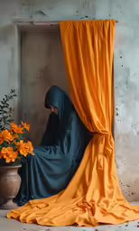 an arabic woman in blue sits on a stage