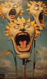 three large faces on top of each other with yellow flowers