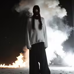 woman with long hair and wearing mask standing in front of fire