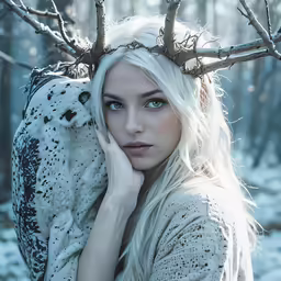woman in white dress holding an owl wearing a tree branch crown
