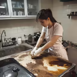 a woman is cleaning the surface of an oven