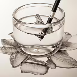 the glass is full of water and a black pen is in it