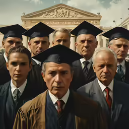 a group of men wearing graduation robes in front of a building