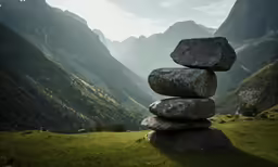 rocks stacked up in the middle of a mountainous valley