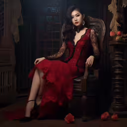 an asian woman is wearing a red dress,an asian woman in a red gown sitting down in a chair
