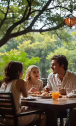 three people sitting at an outdoor dining area with one smiling