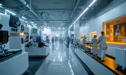 some people are looking through a machine in a large factory