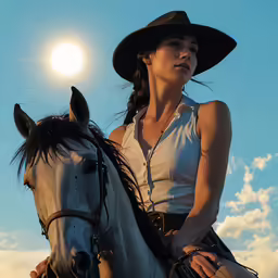 a woman with a cowboy hat is riding a horse