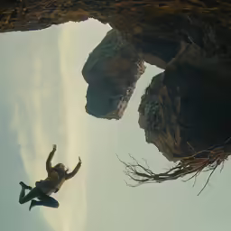 a person floating through the air in front of some rocks