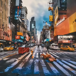 a city scene with pedestrians and buildings on a rainy day