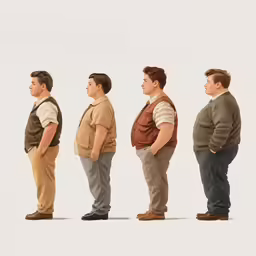 three men with different postures standing in a row