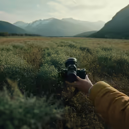 a person with a camera standing in the grass
