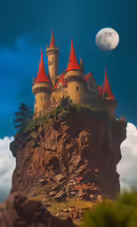 a castle on top of a mountain with moon in the sky above