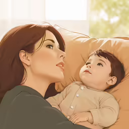 a painting of a mom holding her child on her lap