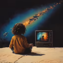 a young boy sitting on a bed looking at a television set in front of him