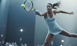 a young woman hitting a tennis ball with a racquet