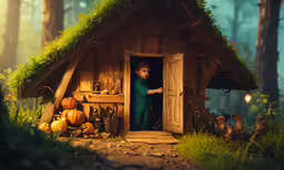 a small house with a little boy standing in it,a scene of a small cabin with toys on the floor