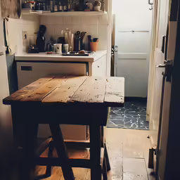 a kitchen with white walls and wooden floor