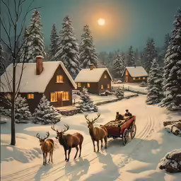 three deer with a horse drawn carriage in front of a snowy landscape