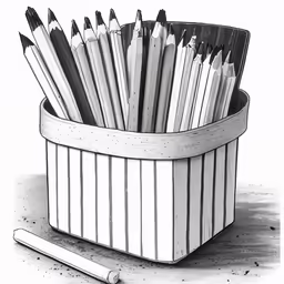 pencils and markers are in the holder on the table