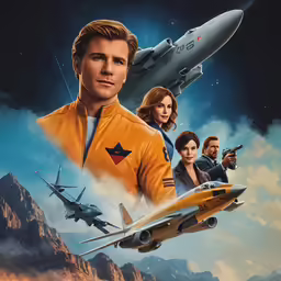 the poster for star trek into space with a group of people and an airplane