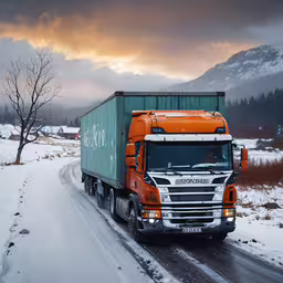 an orange semi trailer truck driving on a snowy highway,a large semi truck driving down the road near trees