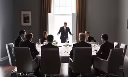 a group of men sit around a round table