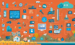 an orange background features blue graphics and pictures,many types of technology, but without all of them