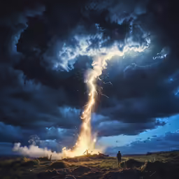 the man is watching something exploding under a cloudy sky
