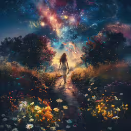 a girl walking on a path through flowers with bright and colorful light,a girl walks down a dark pathway surrounded by flowers