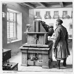 an old photo of a man looking into a machine