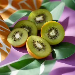 cut kiwi fruit displayed on colorful cloth