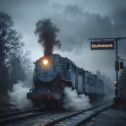 train in motion with smoke billowing out of its exhaust