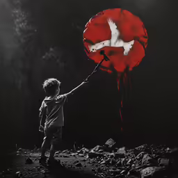 a child is holding onto a kite in the dark
