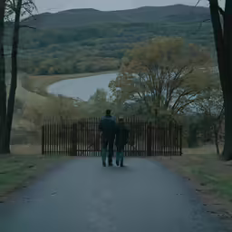 two people are walking on a path to the water
